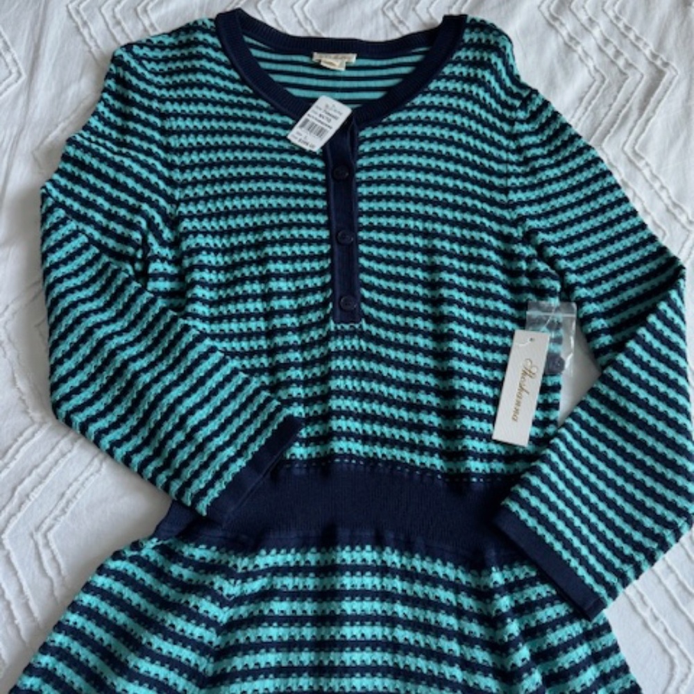 A-Line Knit Mini Dress - NEW - Color Turquoise/Navy - Size US L